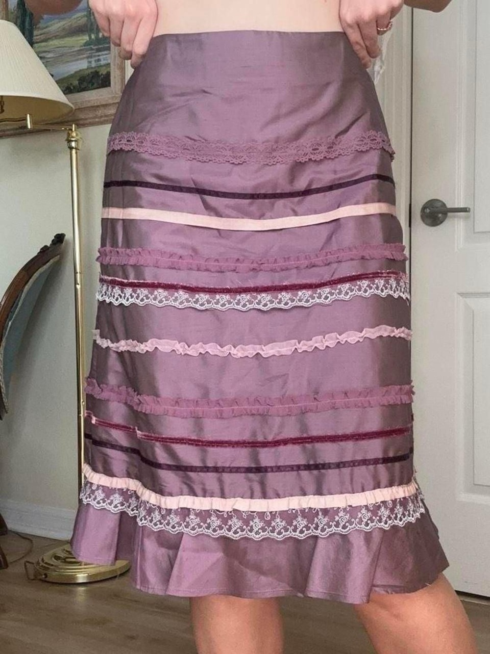 100% Silk Women's Purple Coquette Midi Skirt